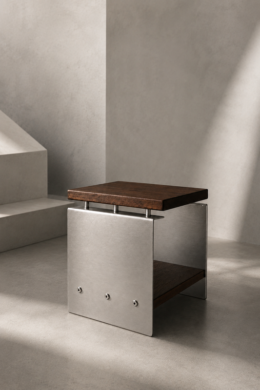 Industrial side table with dark solid wood top, brushed aluminum frame, and open shelf